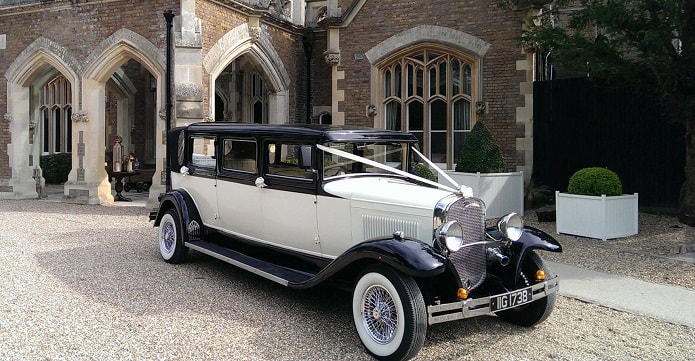 Our 7 seat Bramwith wedding limousine in ivory and black